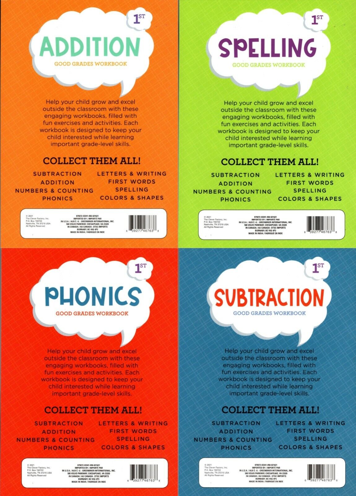 First Grade Educational Workbooks Spelling, Phonics, Addition, & Subtraction