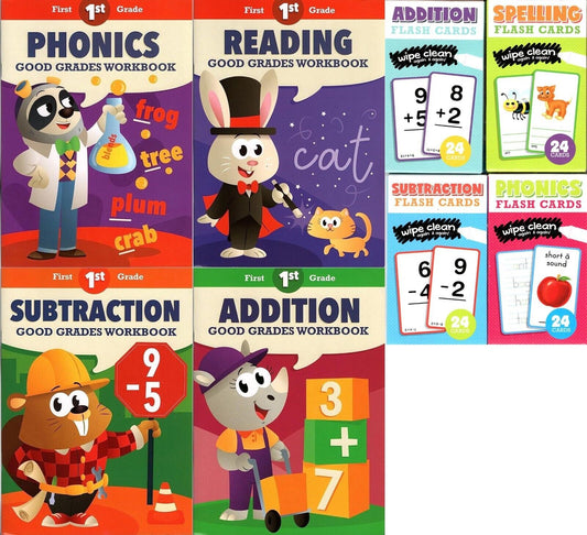 First Grade Educational Workbooks (Set of 4 Books) + Flash Cards Set of 4