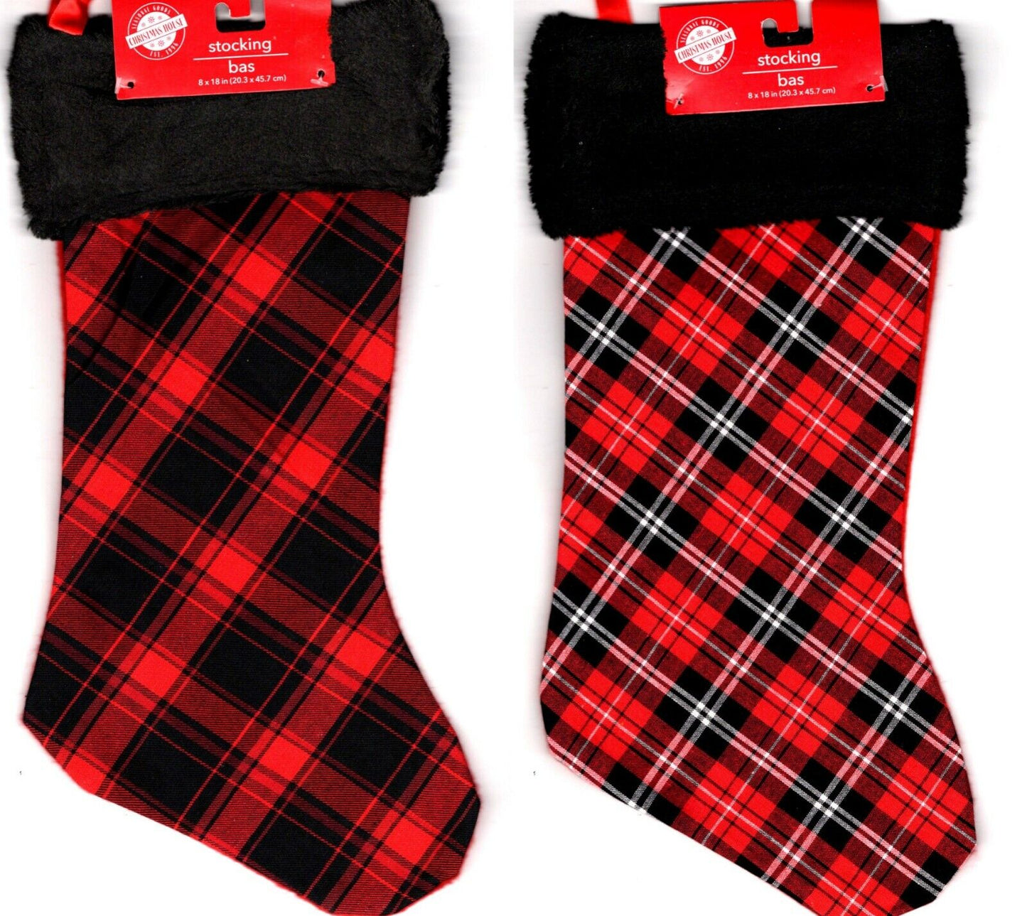 Christmas Holiday 18 Inch Classic Red and Black Plush Felt/Velvet Stockings Set of 2