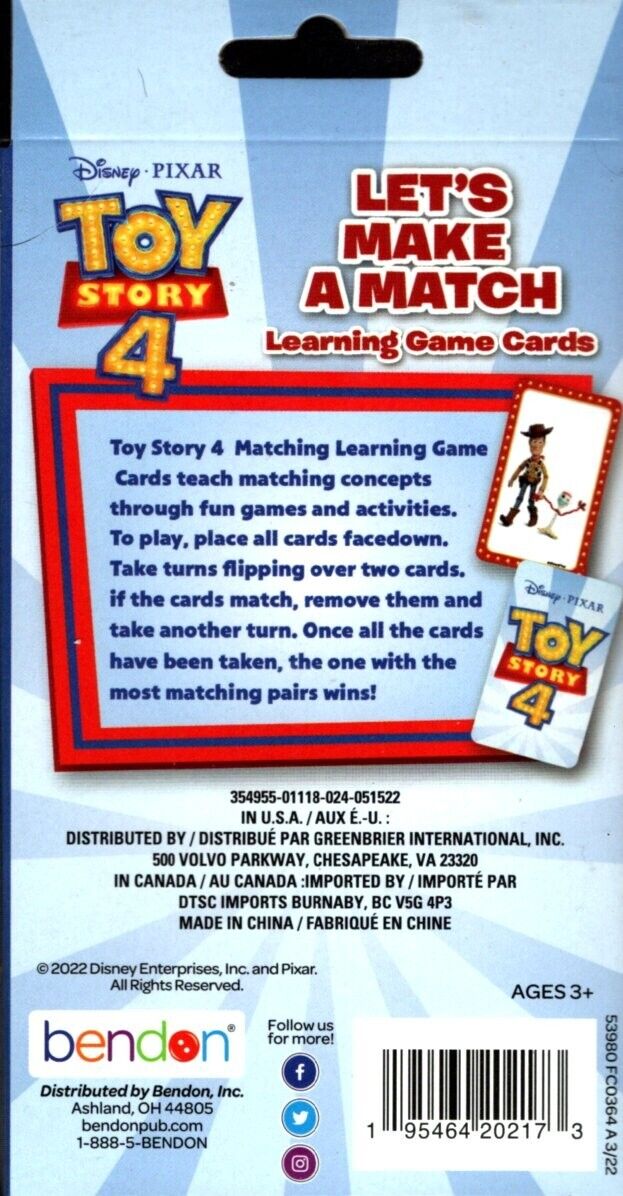 Disney Pixar Toy Story 4 - Let's Make a Match - Learning 36 Flash cards