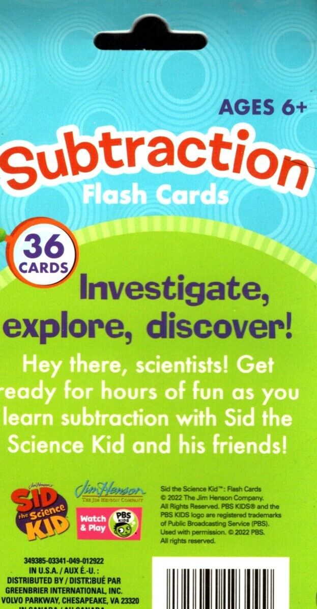 Sid the Science Kid - Subtraction - 36 Flash cards