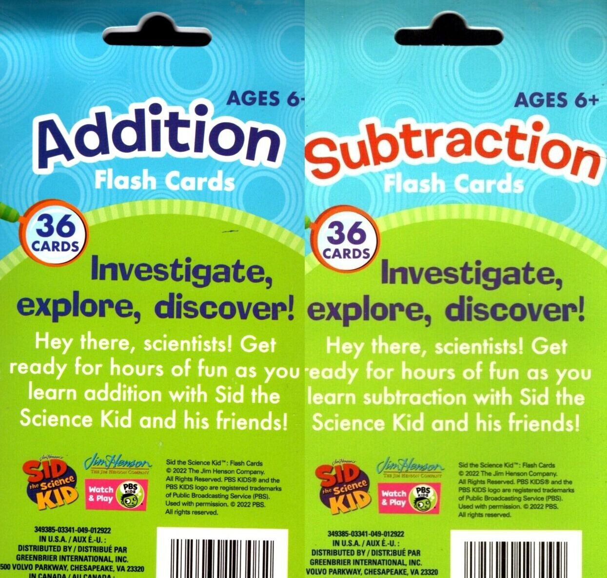 Sid the Science Kid - Addition & Subtraction - 36 Flash cards (Set of 2)