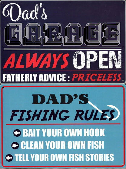 Metal Tin Signs - Dad's Fishing Rules and Dad`s Garage - Wall Decor Father's Day