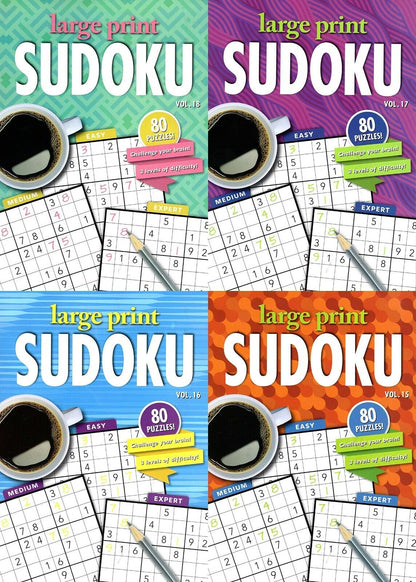 Large Print Sudoku Puzzle - Easy - Medium - Expert - Vol. 15 - 18 (Set of 4)