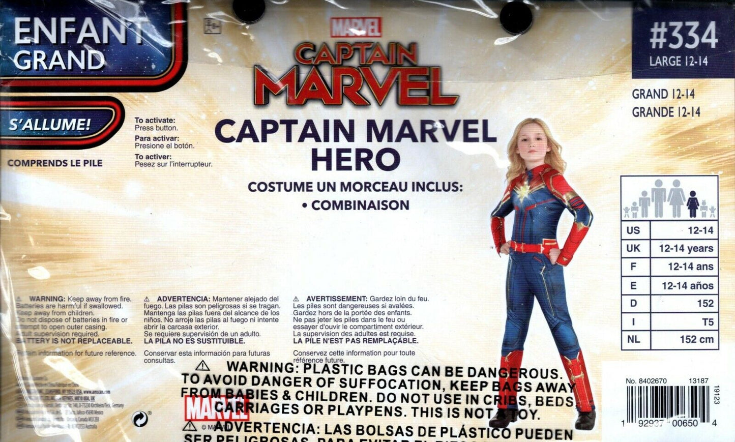 Girls Captain Marvel Superhero Costume Halloween Lights Up Child- Large