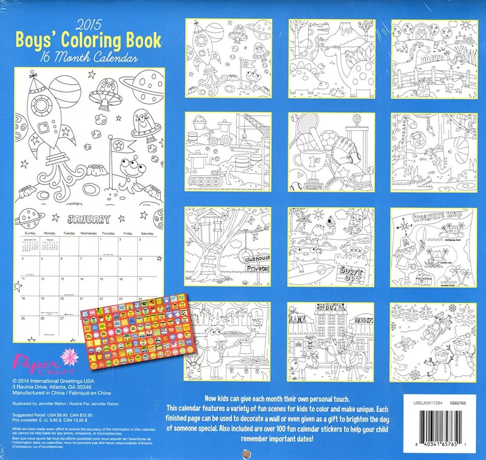 Boys' Coloring Book 2015 Wall Calendar with Stickers