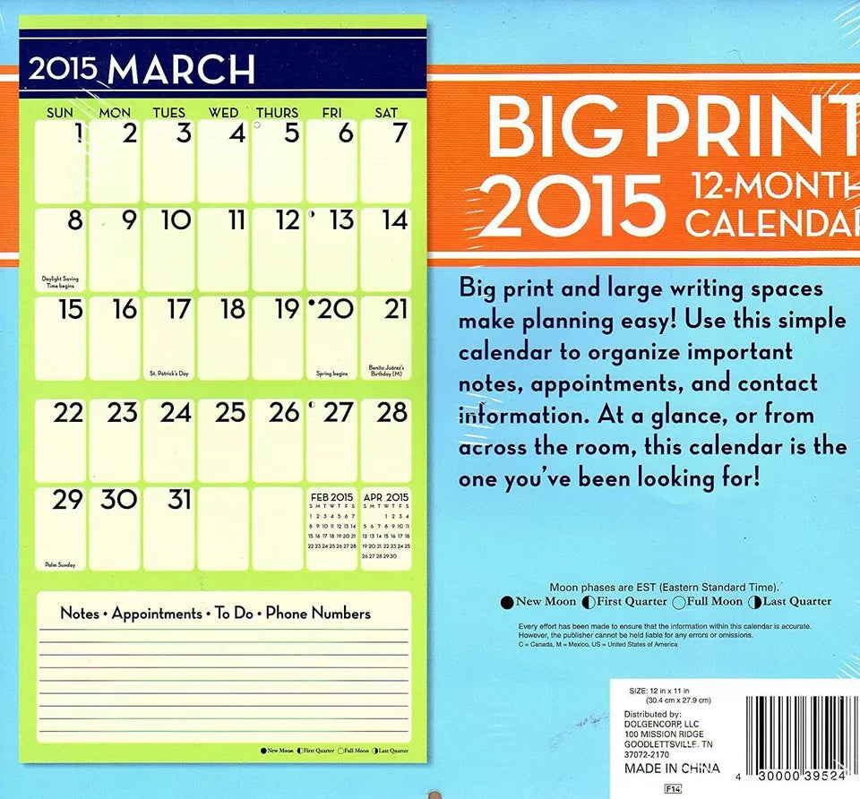 Big Print - 2015 12 Month Wall Calendar - 12x11