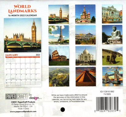 2022 16 Month Mini Wall Calendar Linen Paper Texture - World Landmarks