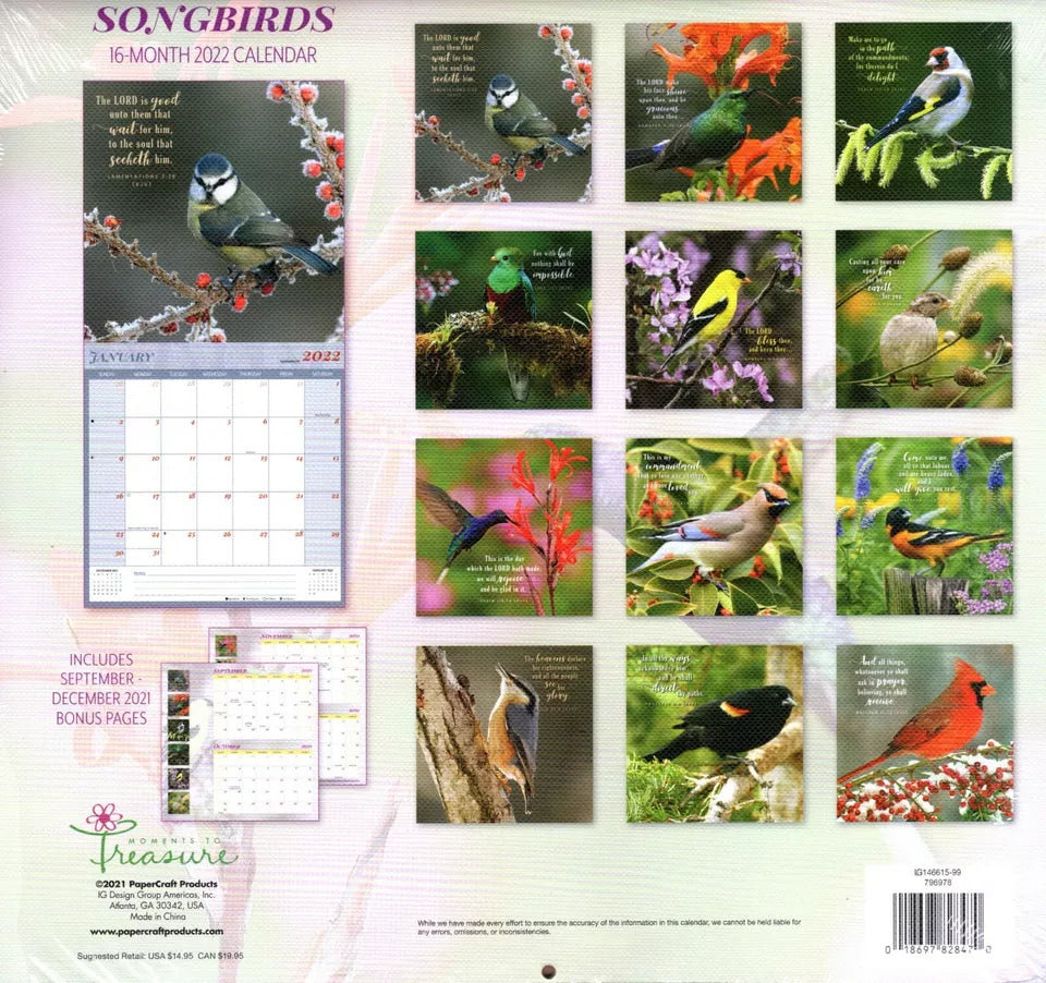 2022 16 Month Wall Inspiration Calendar Linen Paper Texture - Songbirds