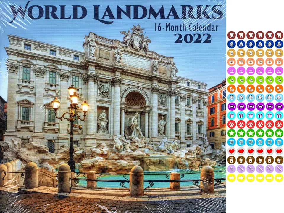 2022 16 Month Wall Calendar Linen Paper Texture - World Landmarks