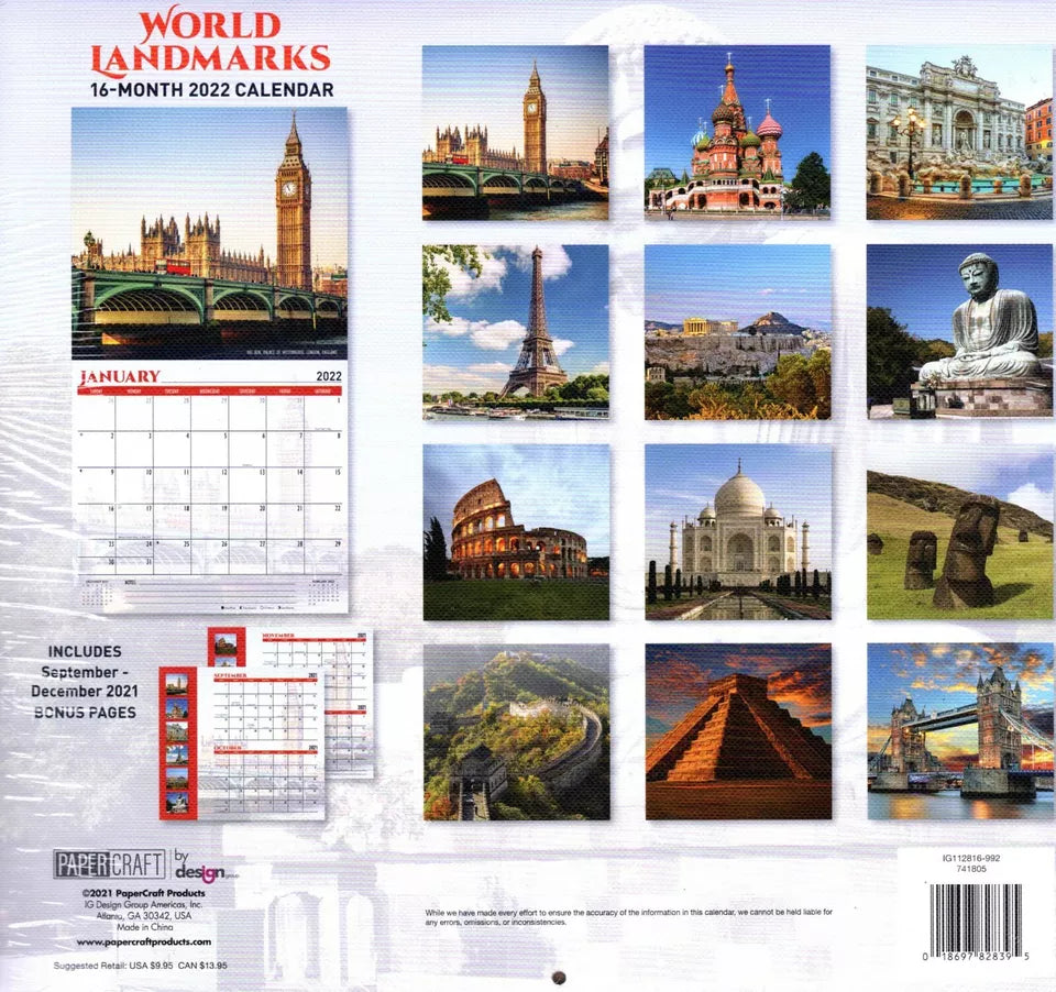 2022 16 Month Wall Calendar Linen Paper Texture - World Landmarks