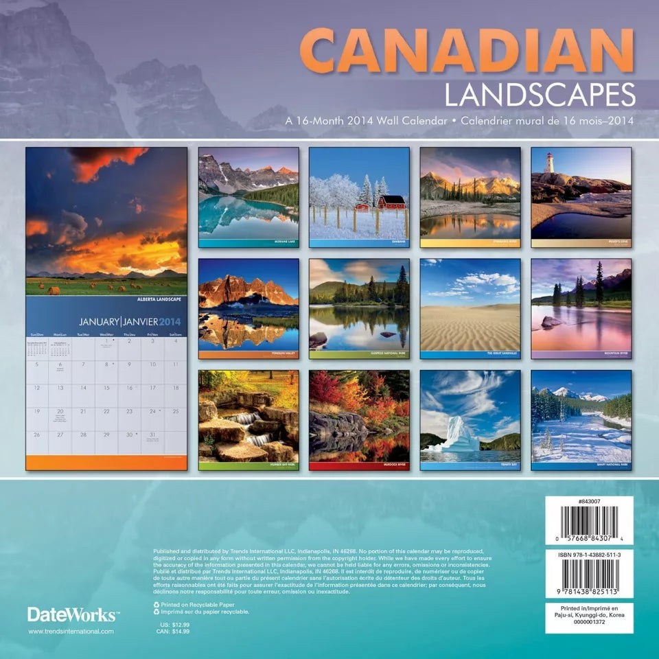 Canadian Landscapes 2014 Bilingual Calendar